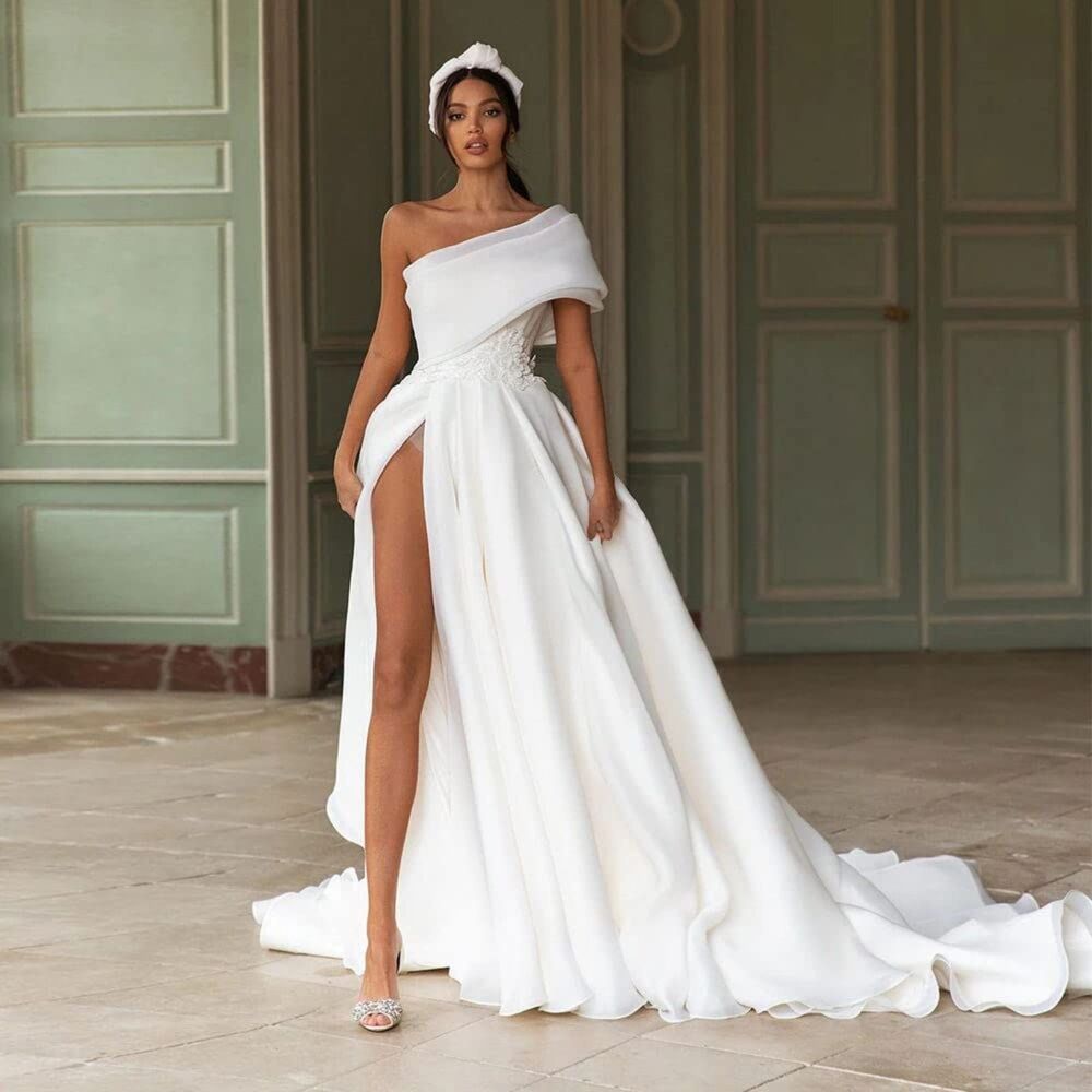 IS-NWT Organza Wedding Dress One Shoulder Sexy Slit Skirt Simple Bow Back